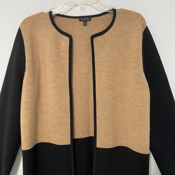 Talbots Merino Blend Colorblock Sweater Jacket Large Tan Black Open Front - Picture 3 of 10